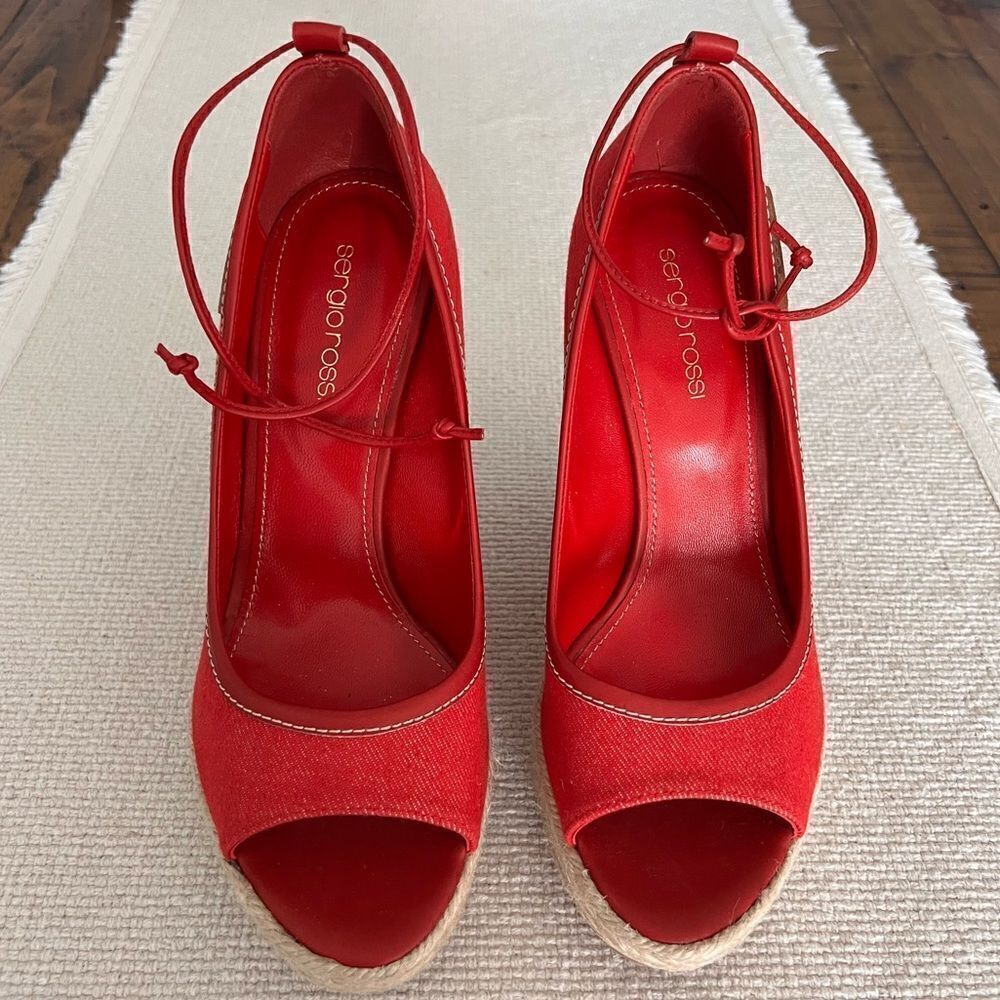 SERGIO ROSSI Red Fabric Espadrille Heels Size 39.